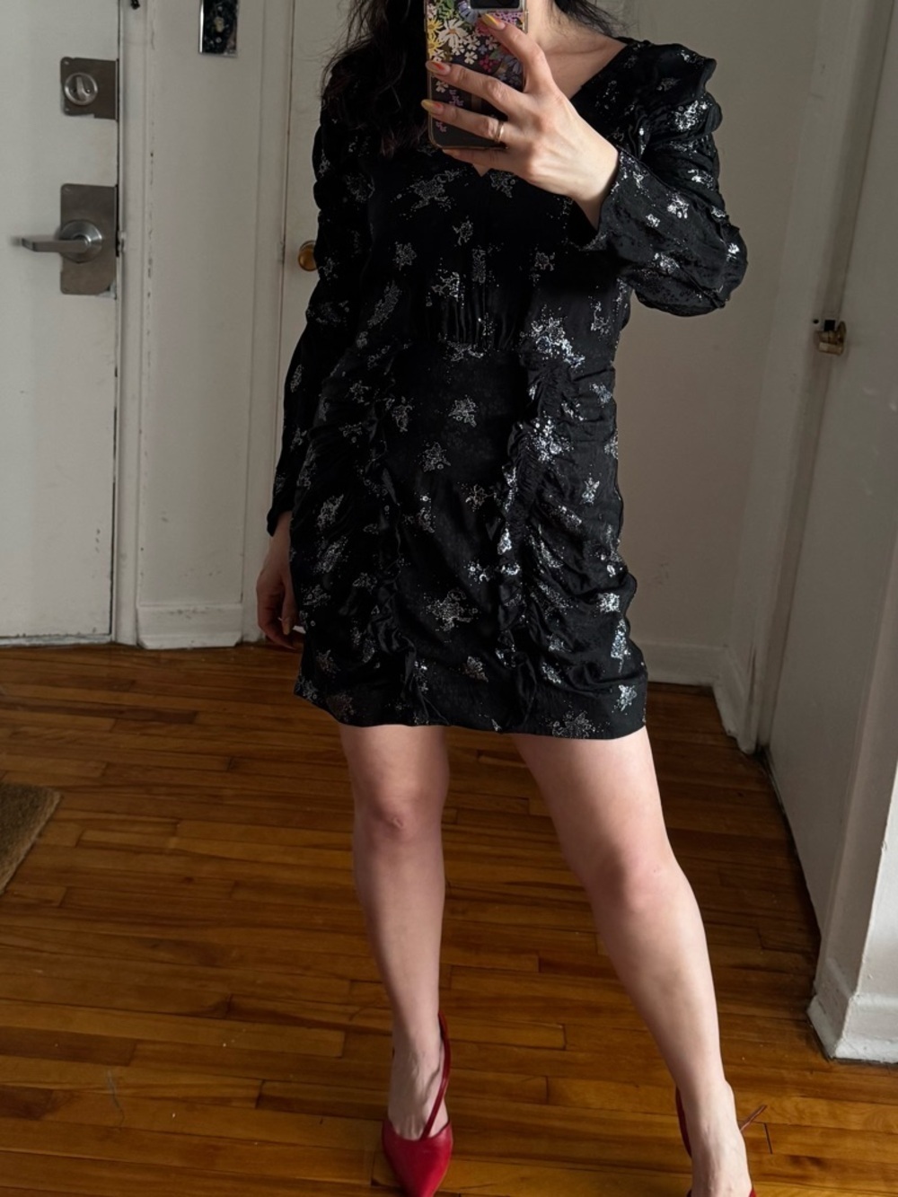 Rebecca Taylor Black Floral Metallic Mini Dress